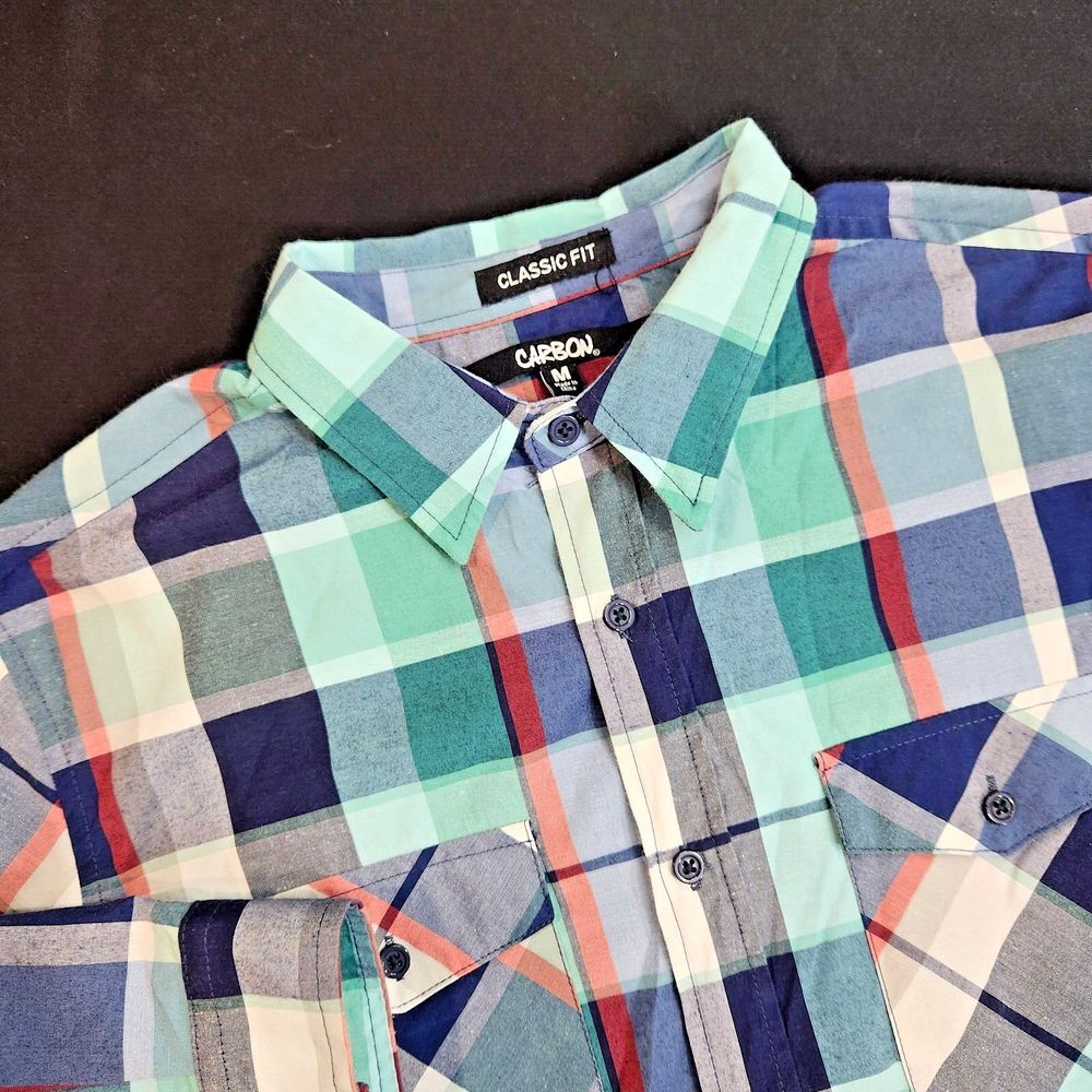 Carbon Mens Size Medium Shirt with Roll‎ Tab Sleeves Colorful Blue Green Print